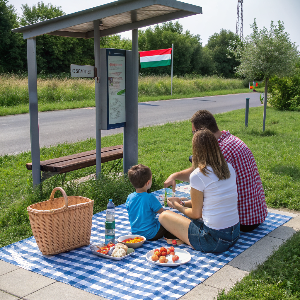 Family enjoying a picnic at a clean rest stop near the border