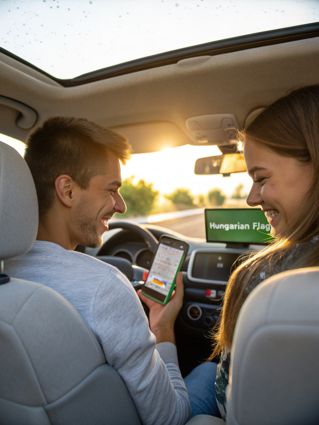 Couple smiling in their car after a quick digital vignette check