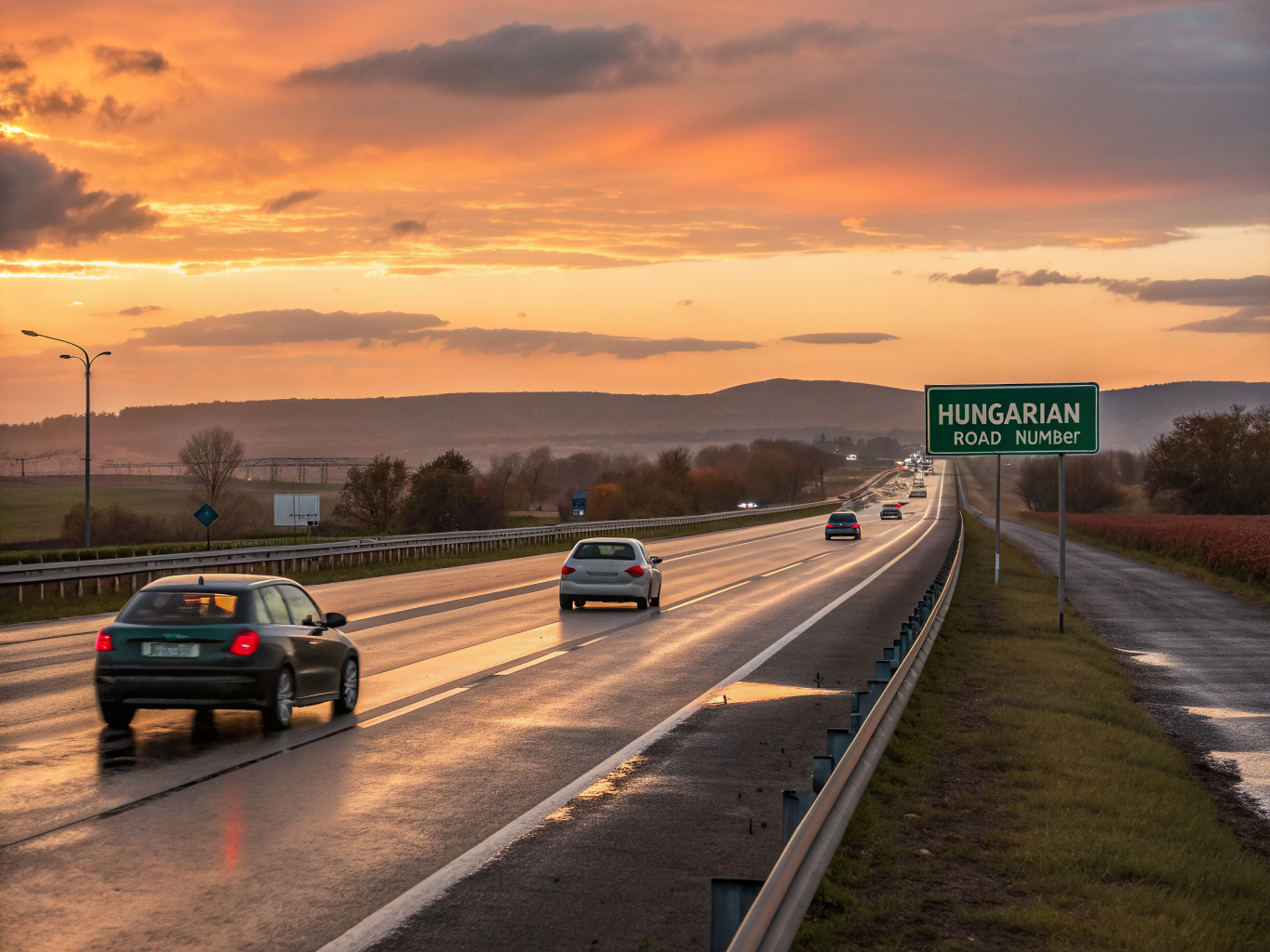 Open Hungarian motorway at sunset with smooth traffic flow