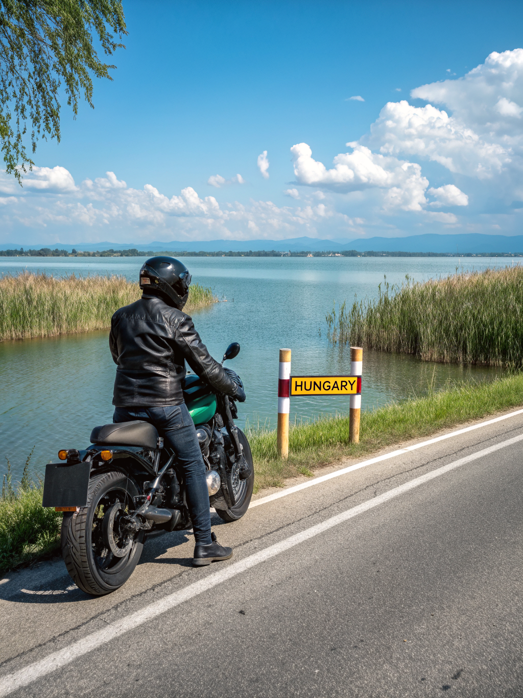 Motorcyclist pausing to admire the view near Lake Balaton route