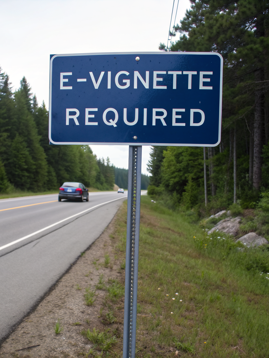 Clear highway signs indicating e-vignette requirement